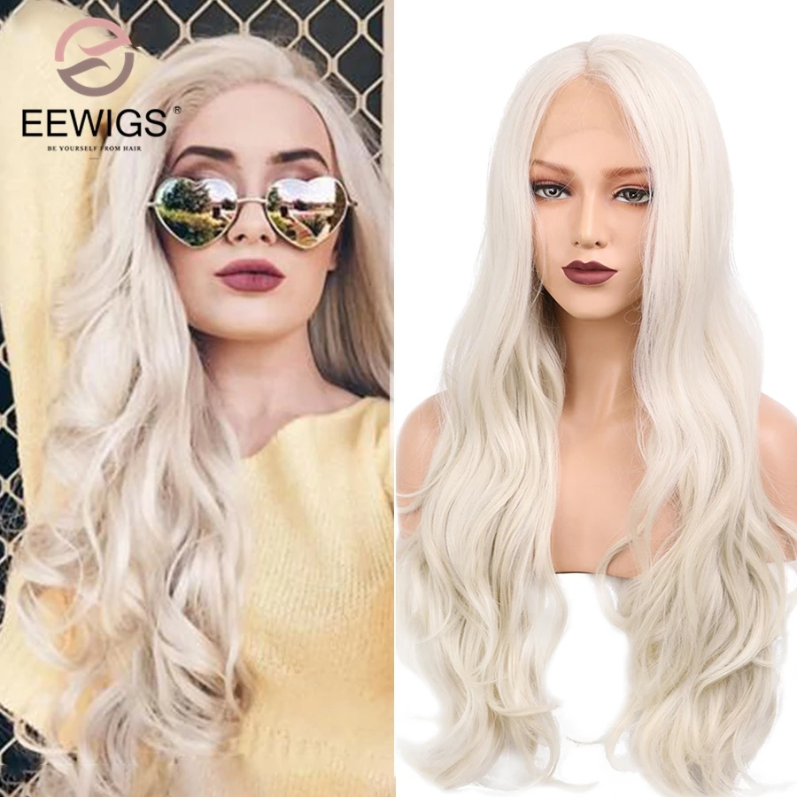EEWIGS, молочно-белый парик, термостойкий платиновый блондин, парик на кружеве, длинные волнистые синтетические парики с натуральной линией волос для женщин