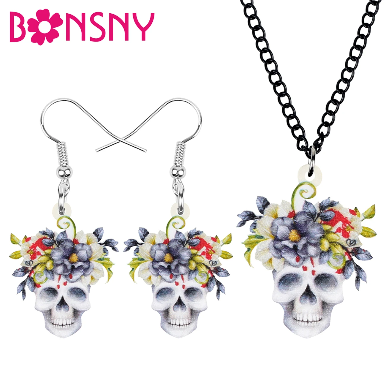 Bonsny Акриловые Ювелирные наборы для Хэллоуина с цветком скелетом и черепом серьги