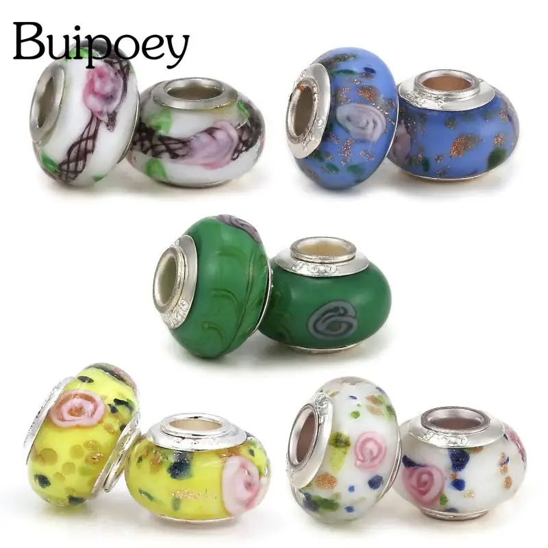 

Buipoey 2pcs/lot Quality Colored Spots White Glass Bead Big Hole Straight Beaded Diy Bracelet Bangle Jewelry Making Accessory