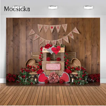 

Valentine's Day Background Rustic Wood Wall Spring Red Rose Flowers Newborn Baby Portrait Photo Background Love Heart Decor