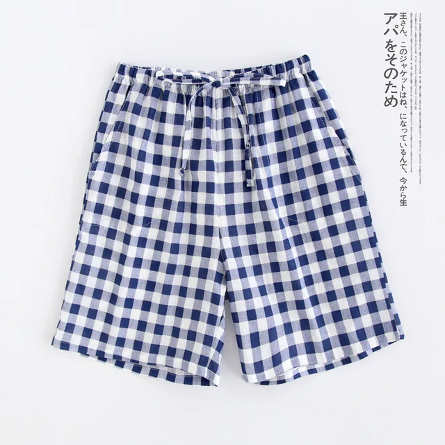 Couple pajamas summer cotton gauze shorts Japanese style simple elastic waist casual large size lattice men and women home pants Mens blue grid