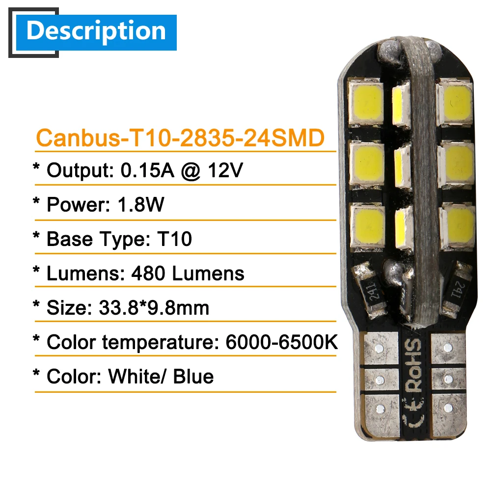 20 штук 1,8 W T10 Canbus 2835 24 SMD светодиодный лампы без ошибок автомобиля Карта лампы номерной знак инструмент Лампы для чтения 12V белого и синего цвета