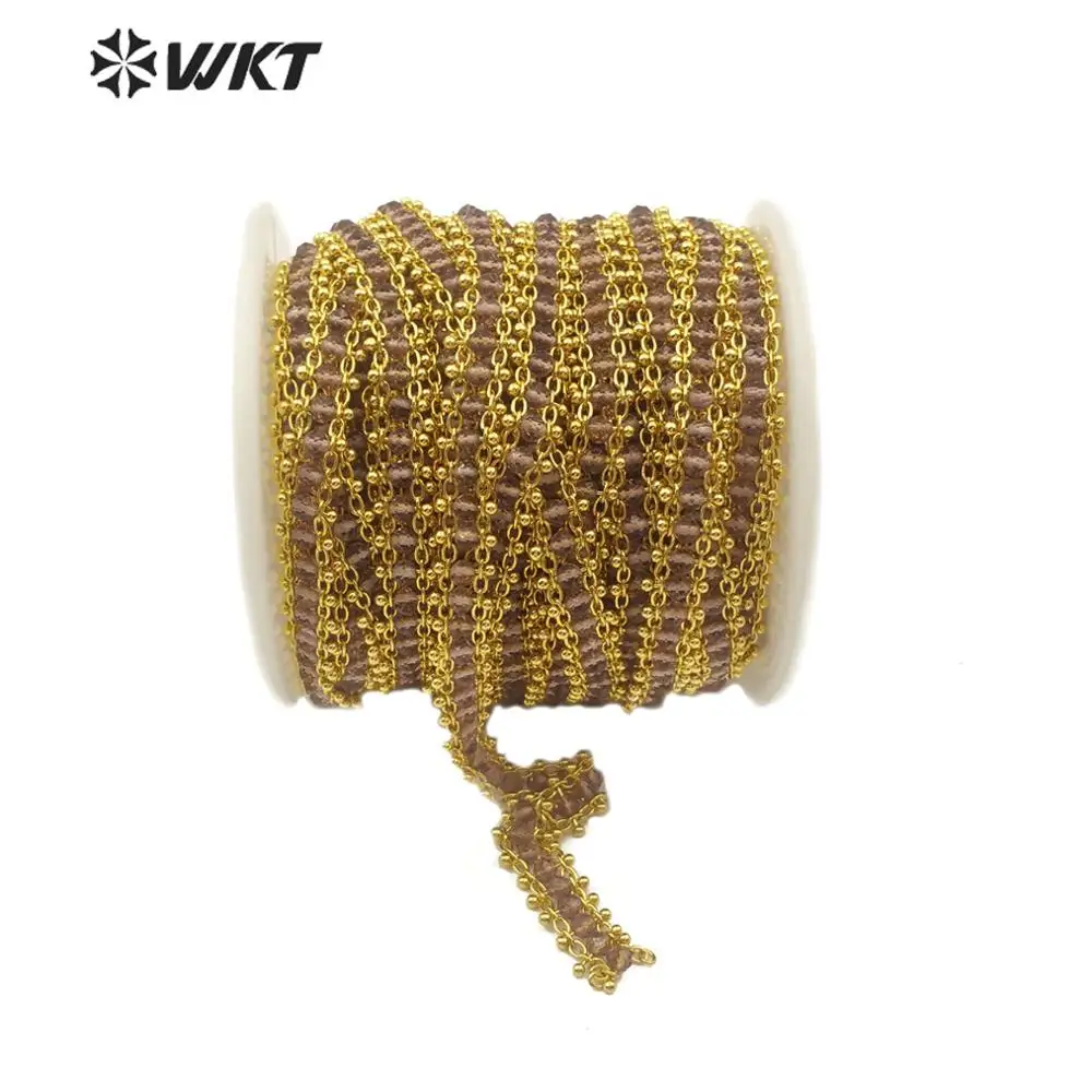 WT-RBC121 Natural Stone Chain Brown Stone Beads With Gold Electroplated Chain 3MM Beads Rosary Chain 10 meters For Jewel Making