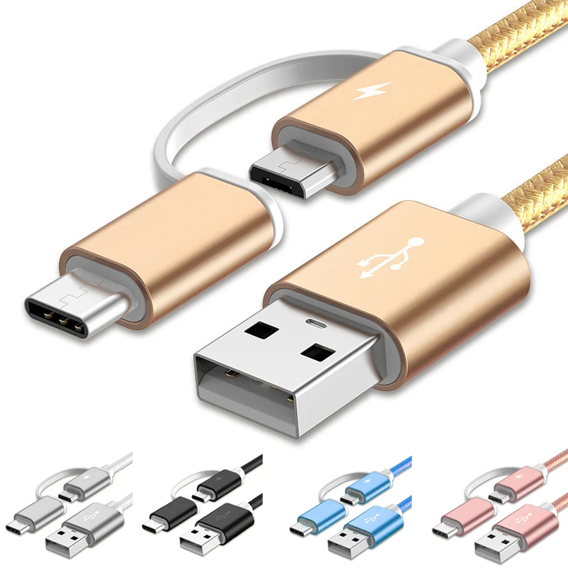 2 в 1 type-C Micro USB кабель 1 м 2.1A нейлоновый плетеный кабель для зарядки данных USB 2,0 Быстрая зарядка для Xiaomi 6 Oneplus S8 S7 Sam-sung