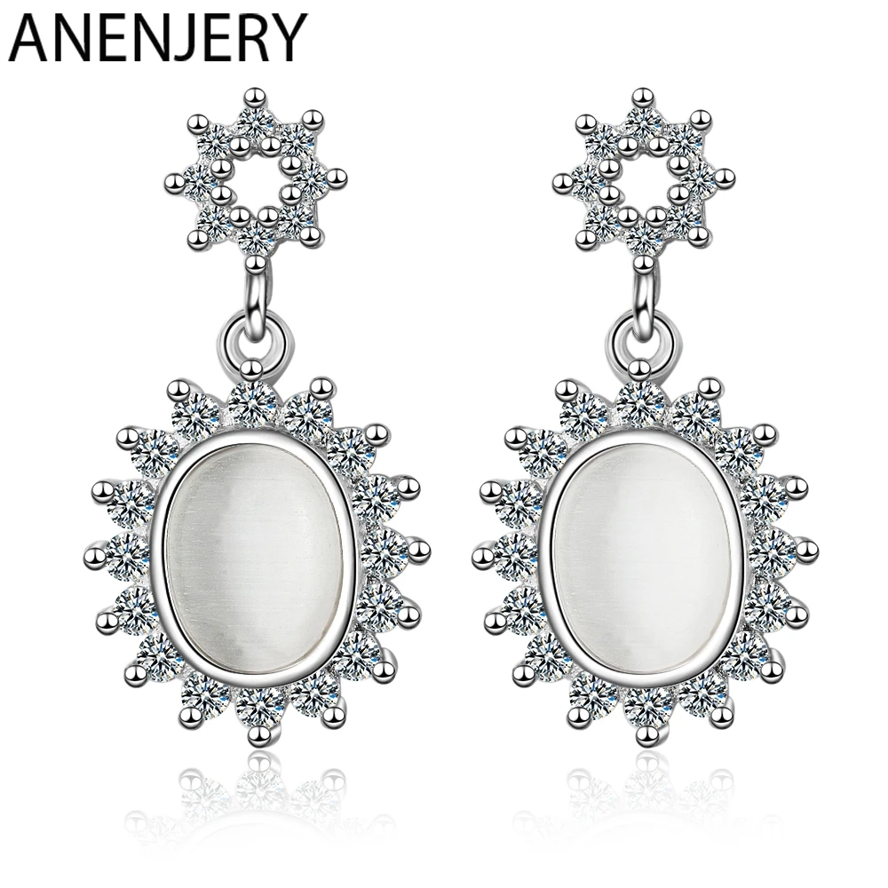 ANENJERY, винтажные, 925 пробы, серебряные серьги, циркон, опал, цветок, серьги для женщин, два цвета, S-E923