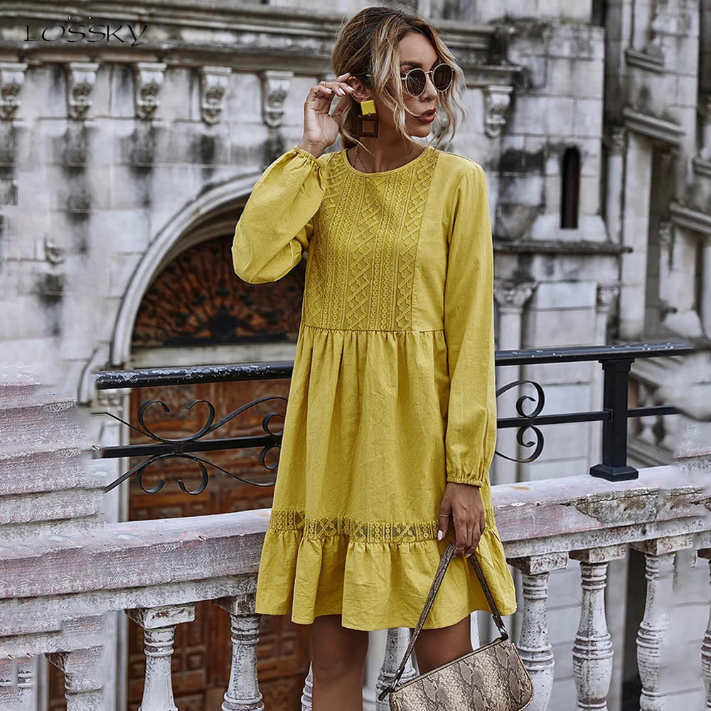 

Woman Dress Autumn Winter Casual Lace Stitching Yellow Long Sleeve Loose Vintage Dresses For Women Clothes 2020 Ladies