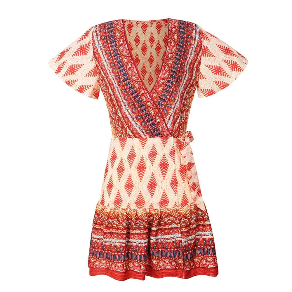 

Summer Bohemian Print Dress 2019 Girls V-neck Short-sleeve Bandage Dress Casual Beach Party Night Dresses Robe Femme Vestidos