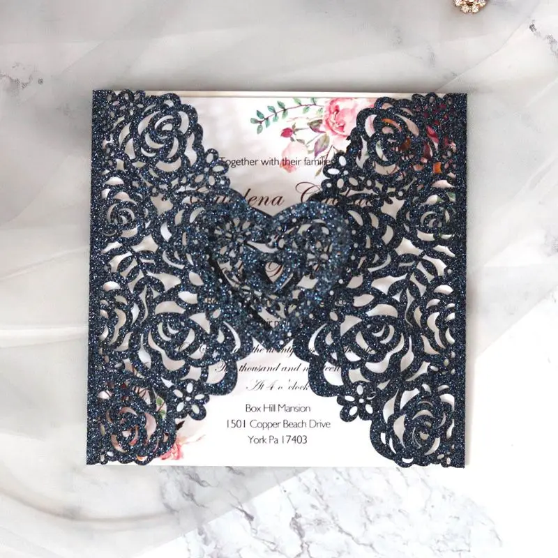  10pcs Glitter Laser Cut Rose Heart Shape Wedding Invitations Card Party Supplies - 4.00027E+12