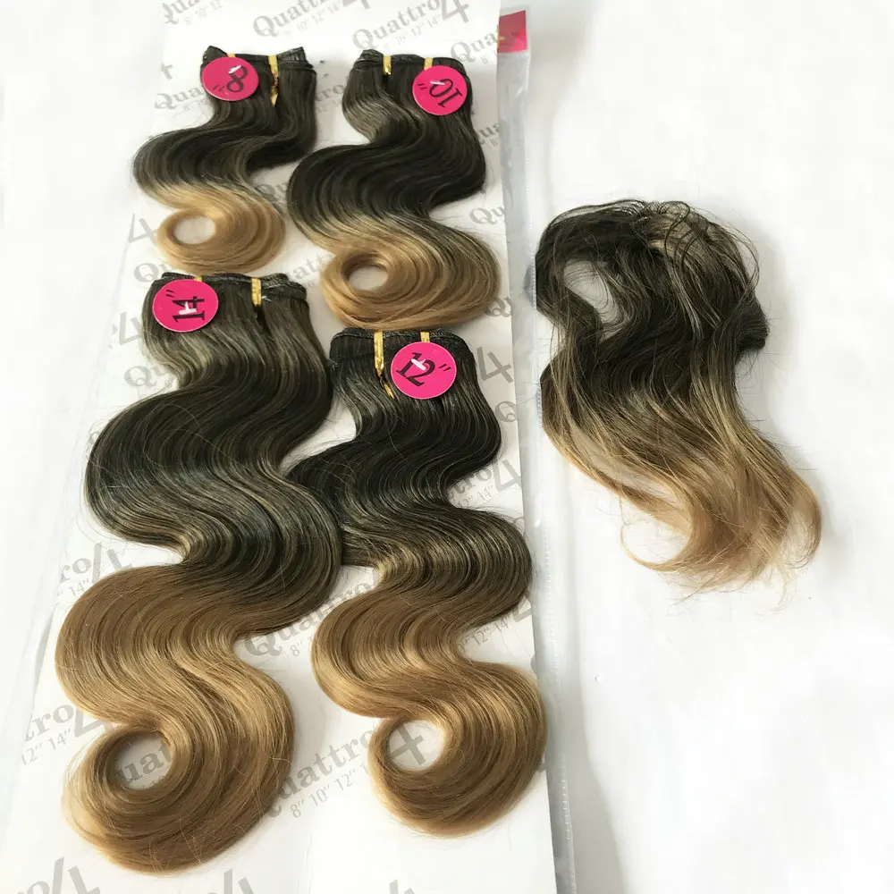 Adorable Ombre Color Body Wave Synthetic Packet Hair Weave Two Tone Quattro Indian Curl 4pcs With Free Fringe Hair Weft Blonde