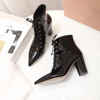 

Leather Pointed Toe Suede Cross Tied Lace Up Lady Ankle Boots Women Cut-out Braided Chunky Heels Motorcycle Boots Patent Leather