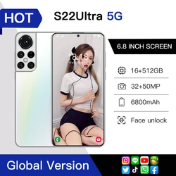 Global Version 6.8 Inch Smartphone S22 Ultra 5G 6800mAh 16GB 512GB Cellphone Face 4G LTE Android 11 10 Core Unlock Mobile Phone
