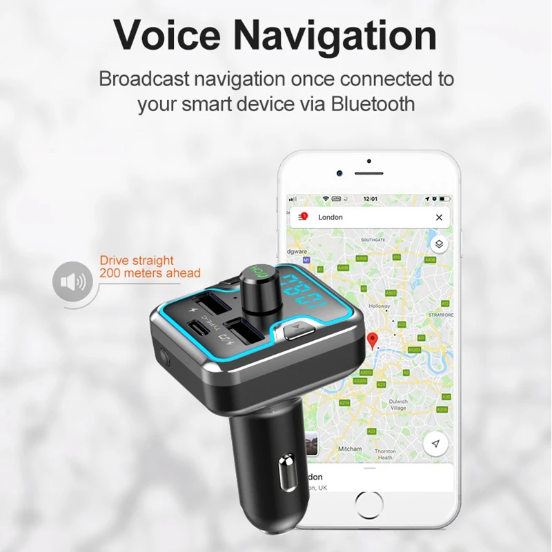 Bluetooth fm-передатчик для автомобиля, беспроводной fm-передатчик радио приемник адаптер автомобильный комплект, с двумя USB и тип-c зарядным портом, музыка