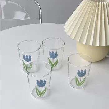 

Cutelife Nordic Blue Tulip Transparent Water Tea Glass Ins Milk Breakfast Coffee Glass Cup Juice Shot Drinking Glass Drinkware