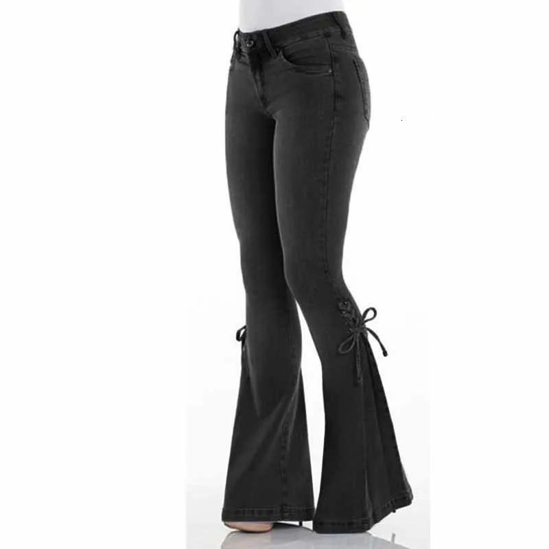 Сексуальные расклешенные джинсы с высокой талией, Ретро стиль, синие расклешенные узкие джинсы, модные женские растягивающиеся джинсовые брюки на шнуровке - Цвет: Черный