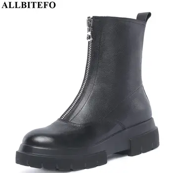 

ALLBITEFO fashion zip genuine leather thick heel ankle boots for women winter snow women boots casual leather boots girls shoes