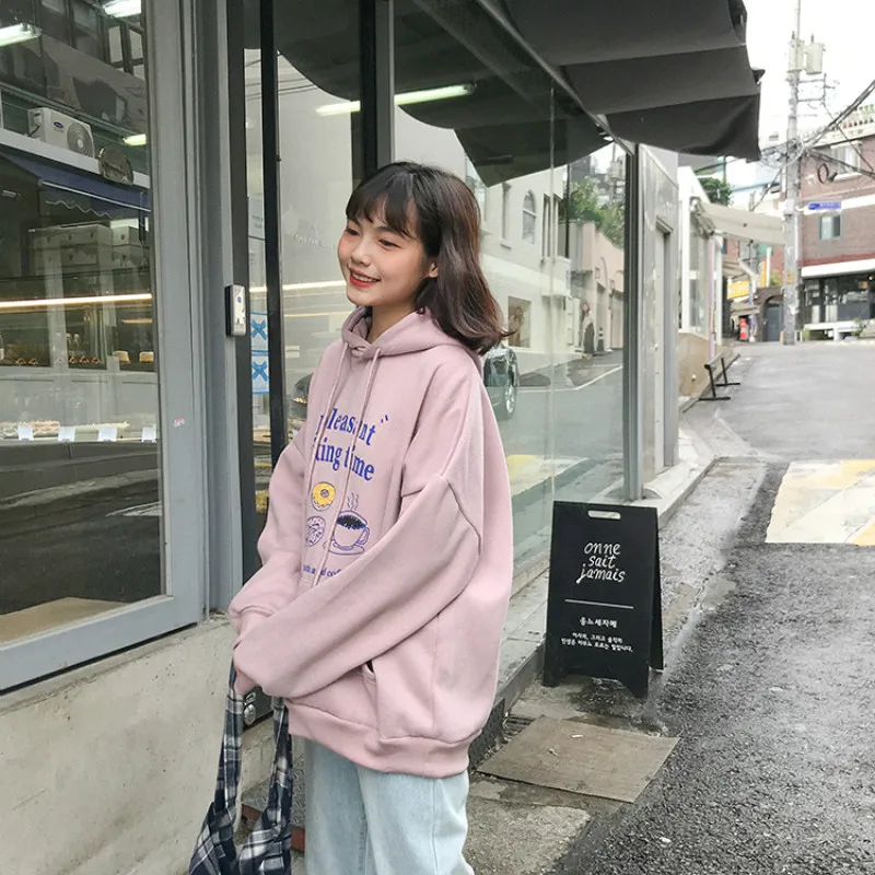 Harajuku, женские повседневные толстовки, корейские, милые, с мультяшным принтом, с длинным рукавом, свободные свитшоты, для женщин, s, осень, зима, пуловер с капюшоном