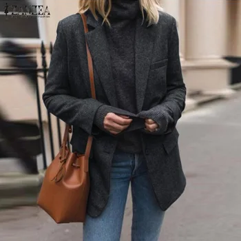 

ZANZEA Fashion Women Blazer Jackets Autumn Lapel Neck Long Sleeve Coat Plus Size Solid Office Work Outwear Casual Suits Feminina