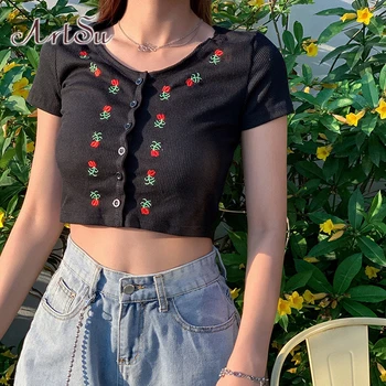 

ArtSu Casual Short Sleeve Floral Embroidery Black Crop Top 2020 Summer T-shirt Women Cute Tee Shirt Femme Streetwear ASTS21601