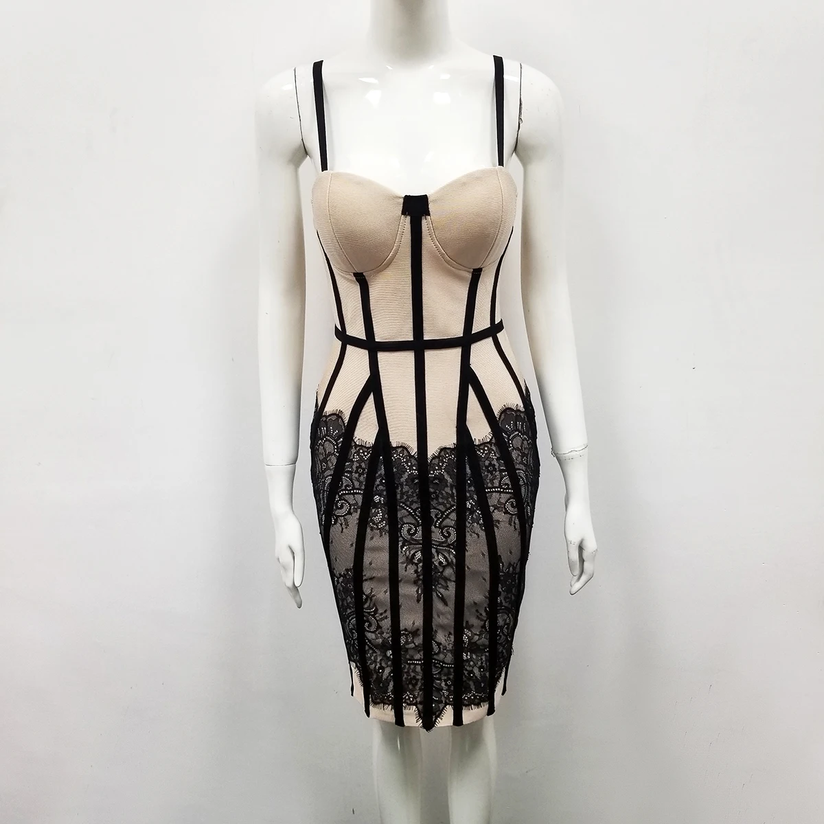 2019 элегантное сексуальное бежевое с черным кружевом модное Бандажное платье