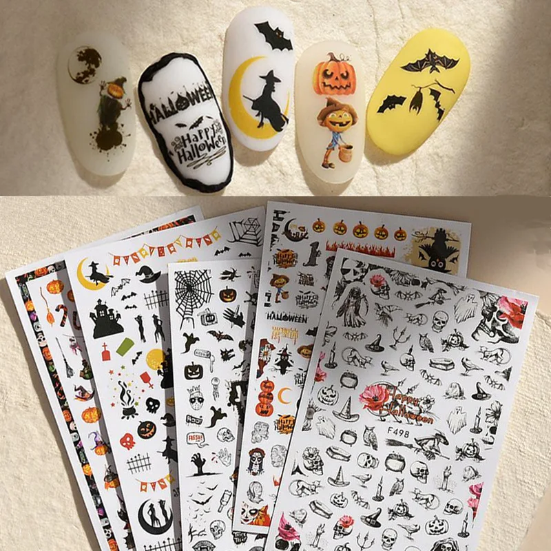 Halloween Series Spider Web Black Cat Bat Pumpkin Witch Horror DIY Nail Art Sticker Set Decal Slider Wraps Decorations Supplies | Красота и