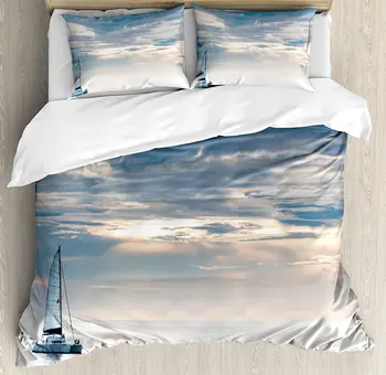 

Nautical Duvet Cover Set Sailing Yacht in the Morning Time on Tranquil Seascape Cloudy Sky Peaceful Marine Bedding Set