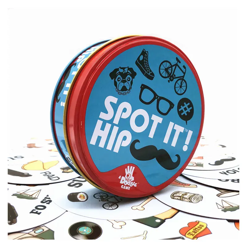 Английская версия Dobbles Spot Kaarten Het Hip настольная игра для родителей и детей Hoge Kwaliteit Оловянная металлическая коробка Gaan Camping sport