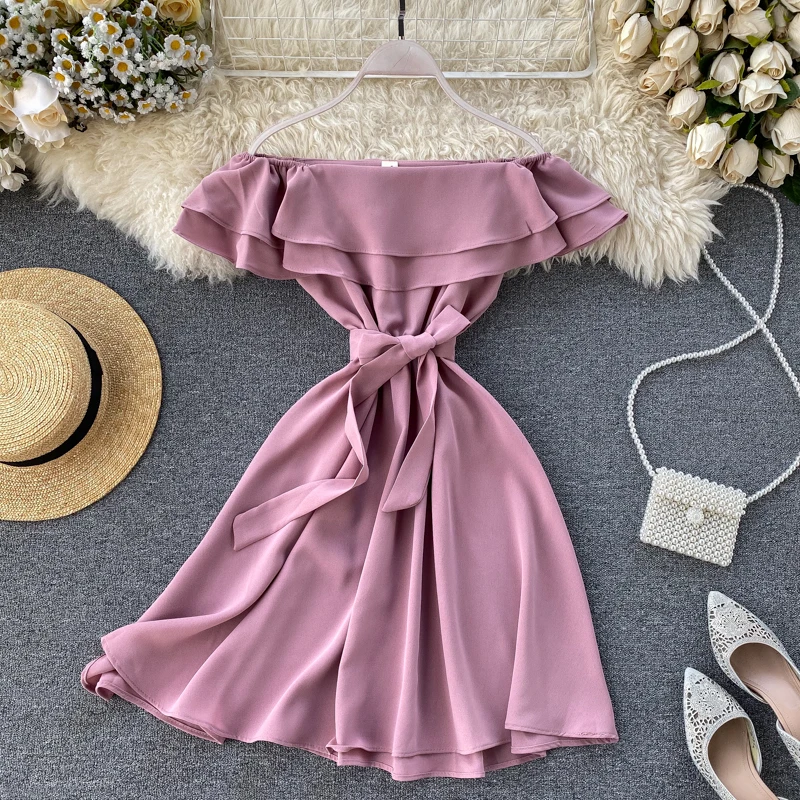 SINGRAIN Summer Women Off Shoulder Dress Bohemian Romantic Ruffle Sundress Party Holiday A-Line Retro Solid Chiffon Beach Dress