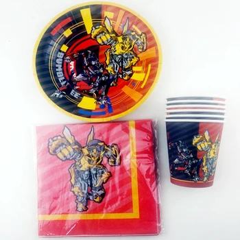 

34pcs/lot Happy Birthday Party Transformation Bumblebee Optimus Prime Plates Decorate Cups Boys Favors Baby Shower Napkins
