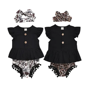 

Baby Toddler Baby Girls Clothes Sets Leopard Print Short Sleeve Tops Vest Shorts ruffles Headbands 3pca Casual 0-3Y