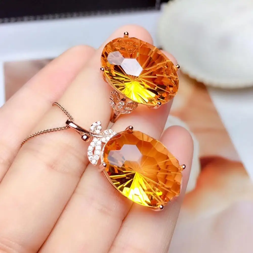 big sizeyellow citrine jewelry set including ring necklace real