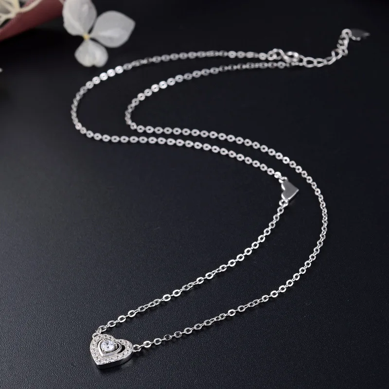 

Korean-style Fashion Jewelry Accessories S925 Fine Silver Inlaid Zircon Creative Heart Shape Choker Cool Small Heart Necklace