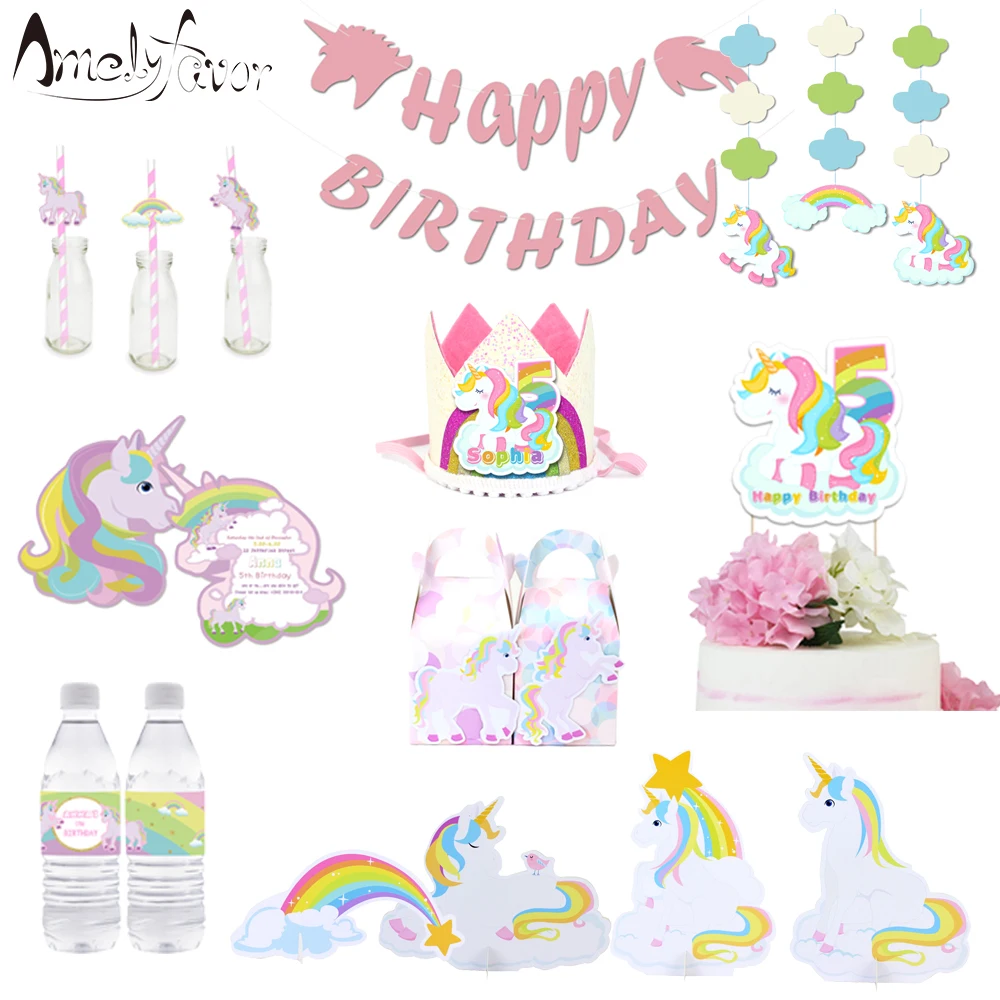 

Unicorn Party Supplies Box Invitation Cards Banner Hanging Straws Bags Cupcake Topper Bottle Labels Balloon Unicorns Decorations