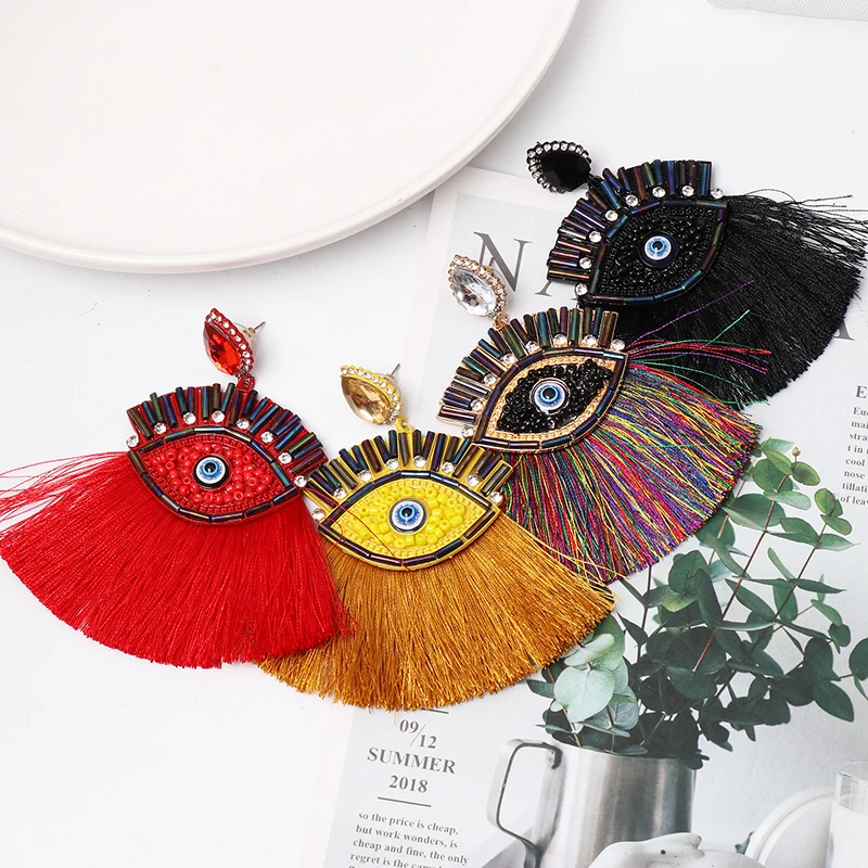 Модные сережки с кисточками Boho для женщин, Винтажные серьги, Геометрическая подвеска в виде глаз, серьги с бахромой