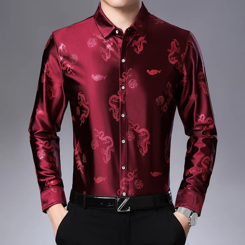 

Silk Shirt Mens Long Sleeve Shirts Spring Autumn Casual Dragon Crane Print Floral Shirt Thin Soft Comfortable