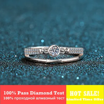 

925 Silver Classic Round Brilliant Cut Diamond Test Past 0.1 ct D Color Moissanite Belt Ring Women Engagement Gemstone Jewelry