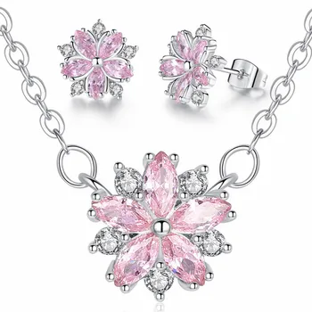 

Cute Sakura Pink Crystal stones stud earrings & choker chain pendant necklace jewelry set for women girl zircon diamonds gifts