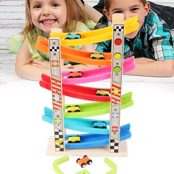 

Wooden 7-layer Ramp Race Track 8 Mini Inertia Car Sliding Toy Vehicel Train Baby Toddler Motor Skill Developmental Kids Gift toy