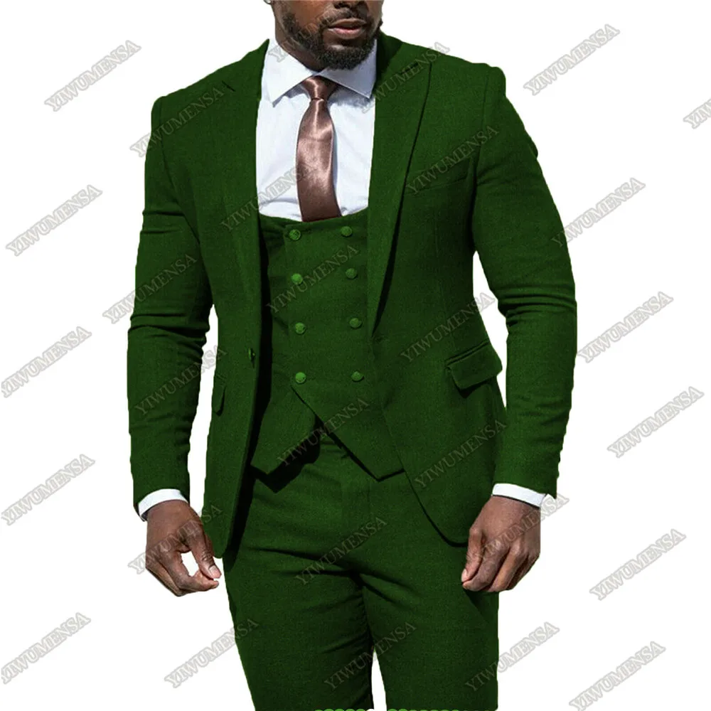 

Winter Tweed Thick Green Men Suits Formal Wool Blends Groom Wear Trench Peaked Lapel Jacket+Vest+Pants Smoking Business Tuxedo