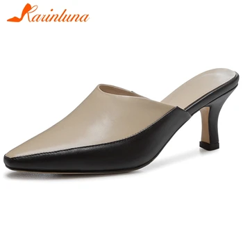 

Karinluna New Arrivals Cow Leather Elegant Pumps Mules Shoes Woman Slip On Strange Style Mix Color Outside Mules Women Shoes