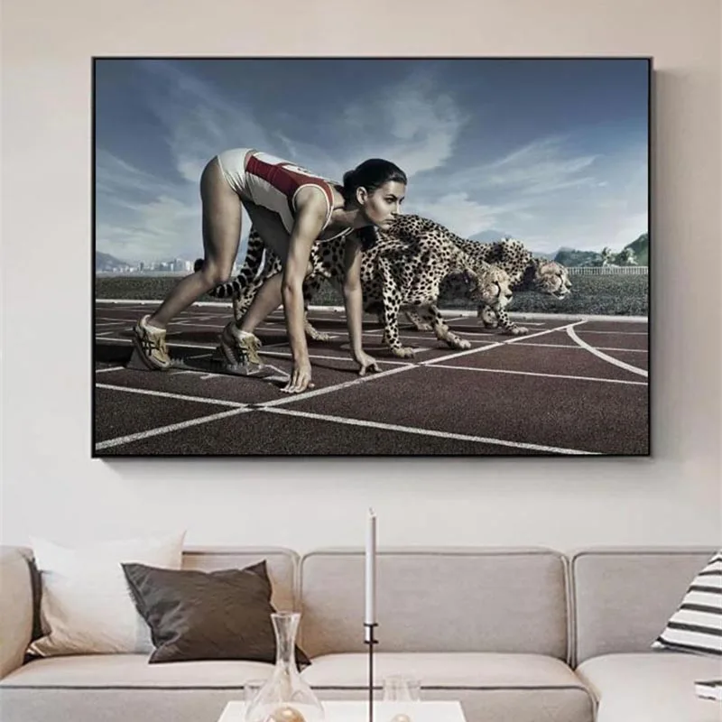 Девушка Athlete гонки с гепардом настенная живопись на холсте плакаты и принты