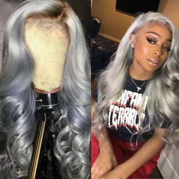 

Ombre Grey Human Hair Wigs Body Wave 13×6 Lace Front Blunt Cut Wigs Side Part Gray Human Hair Pre Plucked Remy Wigs For Women