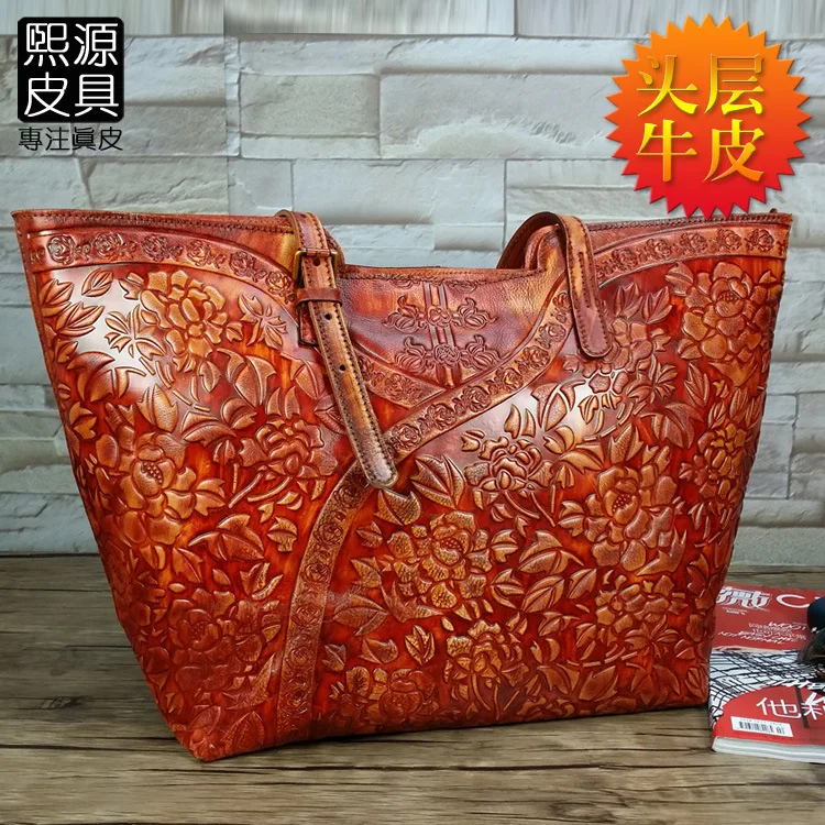 

Origional Chinese-style Ethnic-Style Embossed Cheongsam WOMEN'S Leather Bags Full-grain Leather Large Tote Bag Shoulder Bag Hand