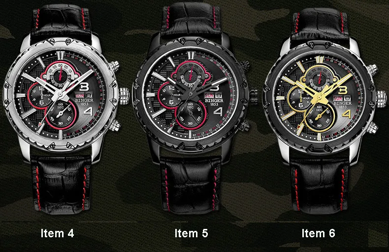 Новые швейцарские мужские часы люксовый бренд часы Бингер кварцевые мужские часы многофункциональные военные секундомер часы Glowwatch B6011-1