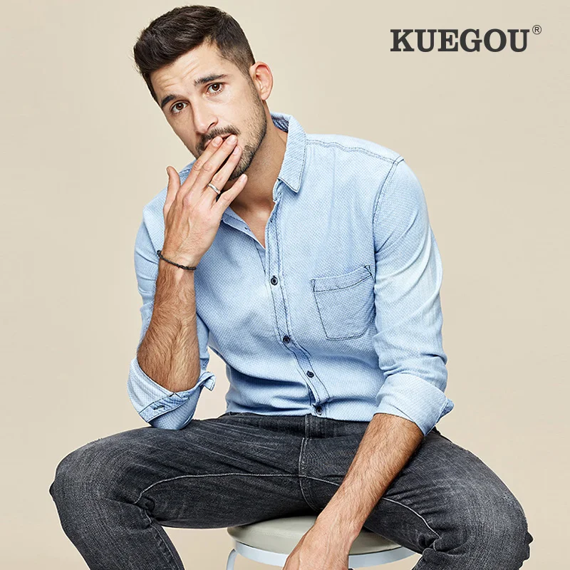 KUEGOU Brand Men's denim shirt Fashion tooling shirt autumn blue Pure cotton denim long sleeve shirt men Tops ZC-649 KUEGOU Brand Men's denim shirt Fashion tooling shirt autumn blue Pure cotton denim long sleeve shirt men Tops ZC-649