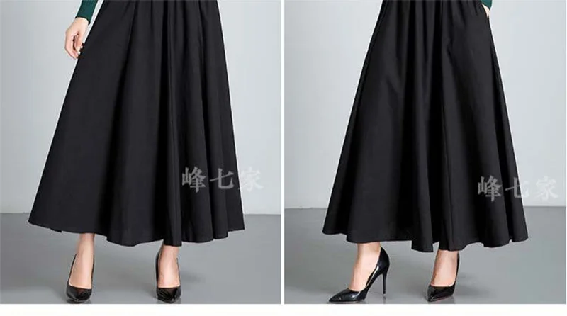 Autumn 2021Women New National Style Cotton Linen Skirt With Big Hem Solid Color Dancing Dress High Waist A-line Female SkirtA472 black leather skirt