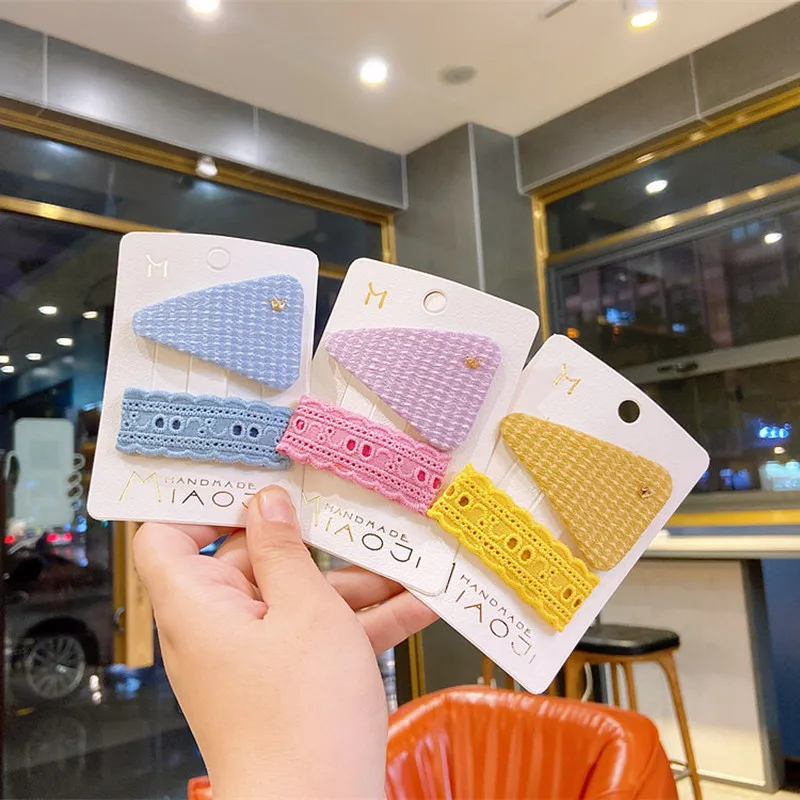 

1 Pair New Korean Simple Colorful Lace Triangle Plaid Fabric BB Clip for Sweet Girl Princess Fashion Hairpins Hair Accessories