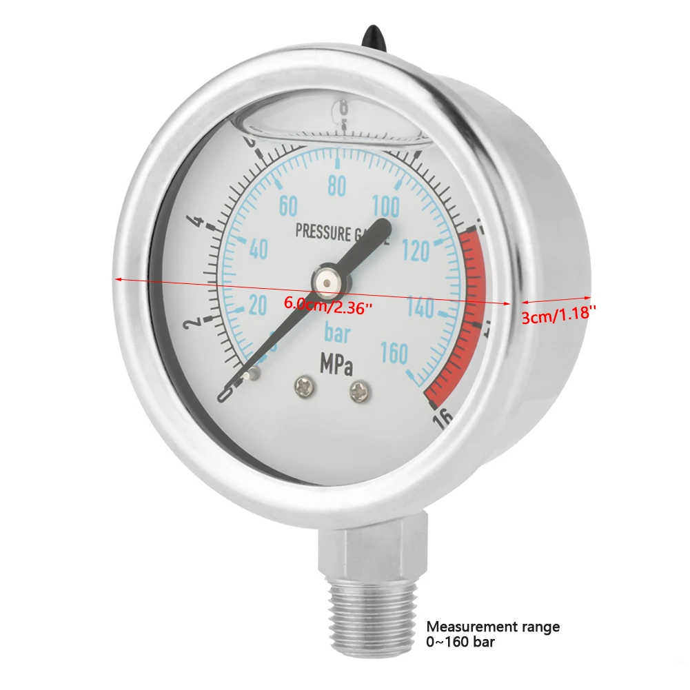 0-160Bar 0~16Mpa 1/4 NPT 60mm Dial Air Hydraulic Water Pressure Gauge Meter 160BAR Pressure Gauge Npt 1/4 