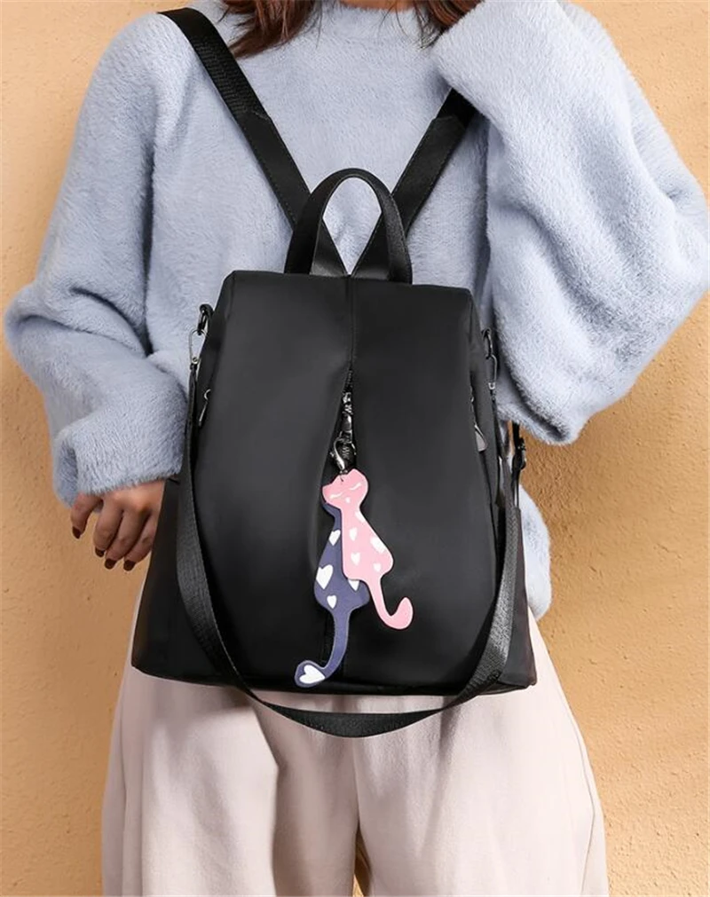 Многофункциональный нейлоновый рюкзак, Одноцветный большой рюкзак для женщин, рюкзак с кошкой и подвеской, Женские Простые дорожные сумки на плечо