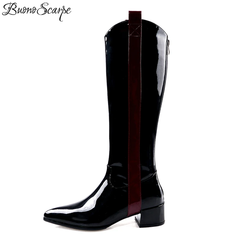 Buono Scarpe/женские высокие сапоги из лакированной кожи; брендовая Дизайнерская обувь на массивном каблуке; Разноцветные сапоги с острым носком; женская обувь; Большой размер 42