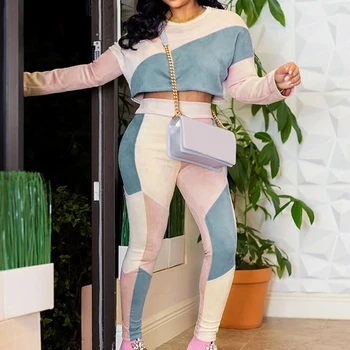 

Womens Patchwork Tracksuits 2 Pieces Jumpsuits Long Sleeve Crop Top Bodycon Pant Women Fashion Outfit Tracksuits Fit Sportwears